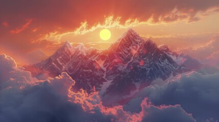 Calming Mountain Mornings, Surreal Sunrise Amidst the Peaks - obrazy, fototapety, plakaty