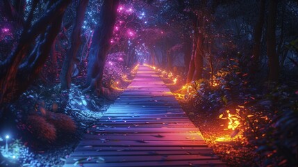 Embark on serene journeys through vibrant neon woods, guided by glowing trails to discover tranquility within.