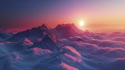 Awakening to the ethereal beauty of a serene sunrise amidst the majestic peaks on calming mountain mornings. - obrazy, fototapety, plakaty