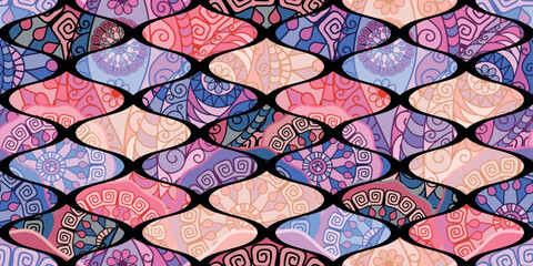 Vector hand drawn seamless pattern with rhombuses with golden mandalas. Islam, Arabic, Indian, ottoman motifs.