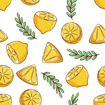 doodle summer pattern with lemon fruit and leaf
