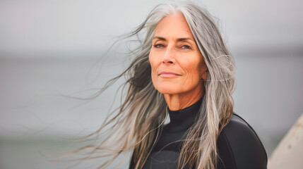 A woman with long gray hair stands on a beach, looking at the ca