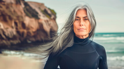 A senior woman stands on a beach, wearing a black wetsuit and ha