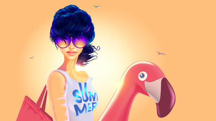 A beautiful girl with a beach bag and an inflatable flamingo for swimming goes to the beach in hot summer. Young woman vacationing at the resort goes to the beach. Nice Girl in sunglasses on beach.