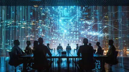 A cybersecurity summit, with experts strategizing over a holographic network model