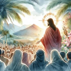 Palm Sunday Reverence: Watercolor Portrait of Jesus Christ in Christian Tradition - obrazy, fototapety, plakaty