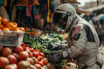 Astronaut Shopping for Vegetables at a Market - obrazy, fototapety, plakaty