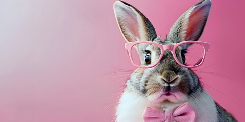 Cool Easter Bunny celebration greeting card, Holiday Animal, bunny with pink sunglasses on solid color background, Fun Easter concept.
