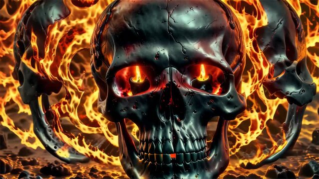 A digital art depiction of a flaming skull with tentacle-like appendages in a hellish landscape. AI Generation