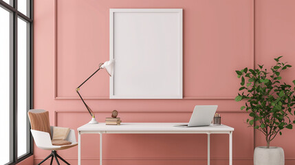 An elegant and clean modern office with a blank empty white frame mockup against a backdrop of pastel pink.
