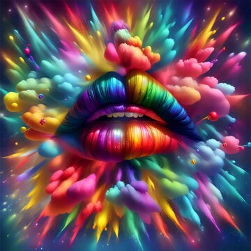 A dynamic and colorful explosion of abstract shapes and vibrant hues emanating from a pair of rainbow-colored lips, symbolizing creative expression.. AI Generation