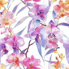 Tiny wild orchids, seamless pattern, exotic light watercolor. Seamless Pattern, Fabric Pattern,  Tumbler Wrap, Mug Wrap.