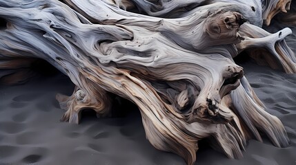 A close-up of weathered driftwood on a sandy beach, smoothed by the ebb and flow of the tide - obrazy, fototapety, plakaty