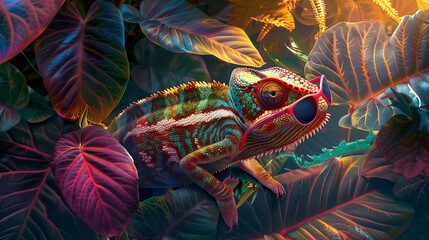 Amidst a lush jungle, a Dazzlingly Colored Chameleon, adorned with Fashionable Sunglasses, lounges gracefully on a bed of vibrant tropical leaves.