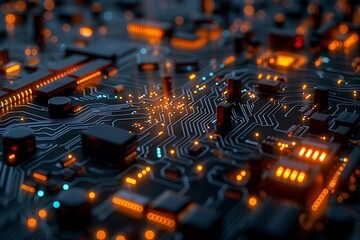 A highly detailed close-up of a circuit board with illuminated electrical pathways and components, showcasing the complexity of modern electronics. - obrazy, fototapety, plakaty