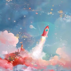 Obraz na płótnie Canvas A pink rocket ship launching from a snowy hill into a starry sky.