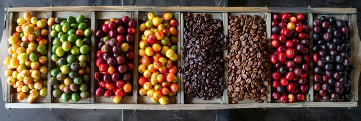 A Diverse Assortment of Premium Coffee Beans and Roasts from Around the Globe Showcased in a Retail Display or Market Setting