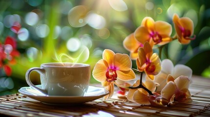 Peaceful Coffee Break Moment with Vibrant Orchid Blooms and Warm Sunlight