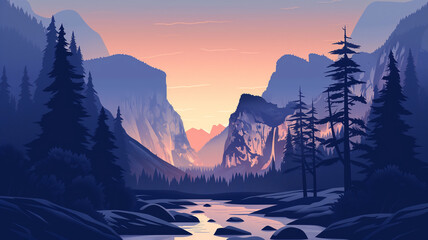 A mountain range with stream in sunset vibes illustration - obrazy, fototapety, plakaty