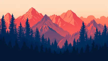 Fotobehang A mountain range in sunset vibes illustration © Adie