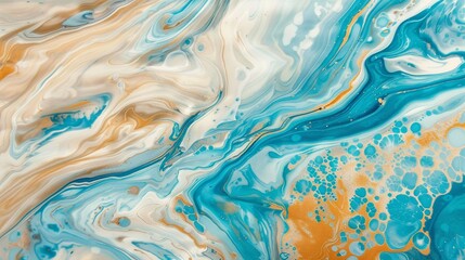 Ocean breeze inspired marbling, cool blues and sandy tans swirling together - obrazy, fototapety, plakaty