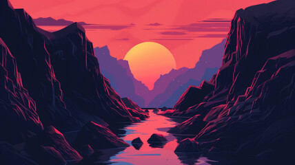 A mountain range in sunset vibes illustration. Rock formation between stream. - obrazy, fototapety, plakaty