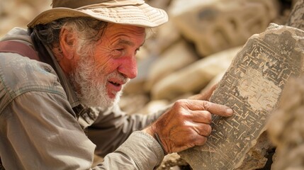 At the excavation site of an ancient ruin an enthusiastic historian excitedly examines a recently...