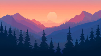 A mountain range in sunset vibes illustration - obrazy, fototapety, plakaty