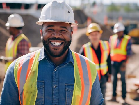 A portrait of an engineer man smiling with a diverse group of people on a construction site.