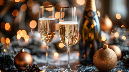 two champagne flutes and a bottle of champagne on a table with christmas decorations and lights in the background - obrazy, fototapety, plakaty