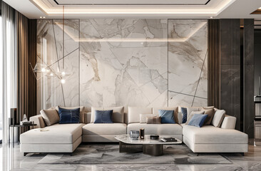 Modern living room with marble wall panels, white and blue accents, large coffee table, elegant furniture arrangement, ambient lighting, luxurious interior design.