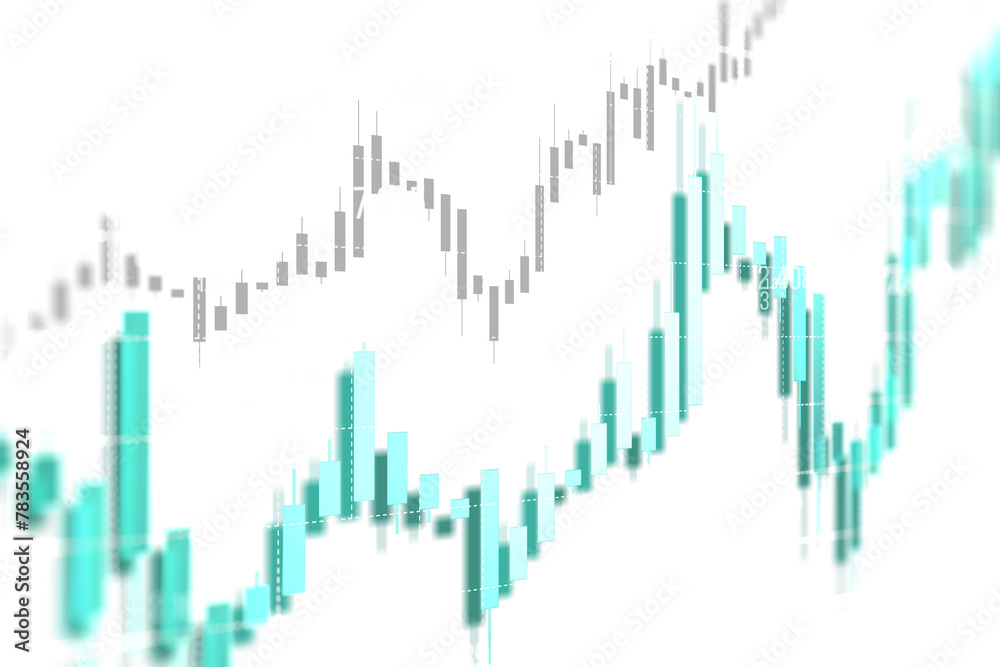 Poster a financial candlestick chart with a blurred effect on a white background, representing market analy