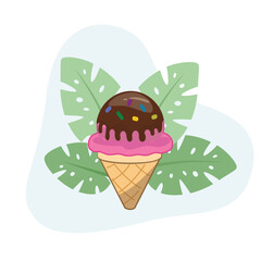 Strawberry and Chocolate Ice cream cone flat vector Illustration icon decorated with leaves for web use for dessert, frozen, chocolate, sweet.