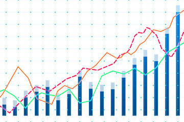 A colorful financial chart with candlestick elements and multiple lines tracking different indexes, set against a grid white background, representing market analysis concepts