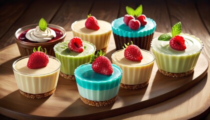 A selection of mini cheesecakes with various toppings, including strawberries and kiwi, on a wooden tray. AI Generation