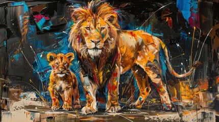 A colorful painting of a lion and his cub.