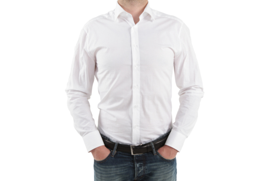 Midsection of a man in white shirt and jeans on white background, representing business or student casual wear
