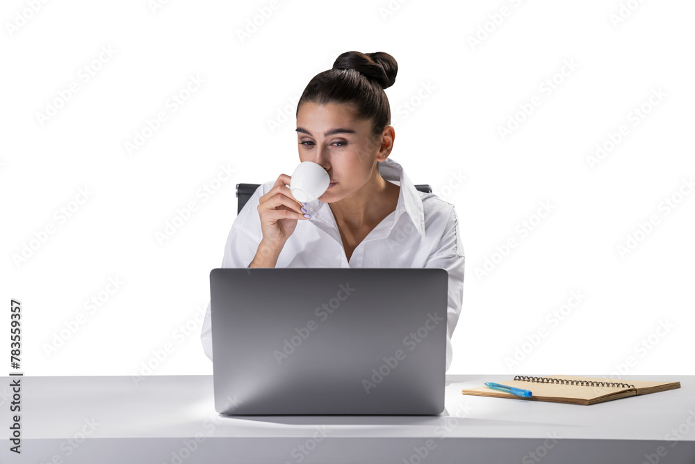 Canvas Prints A woman at a desk with a laptop, drinking from a cup, with a notebook beside her on a white background