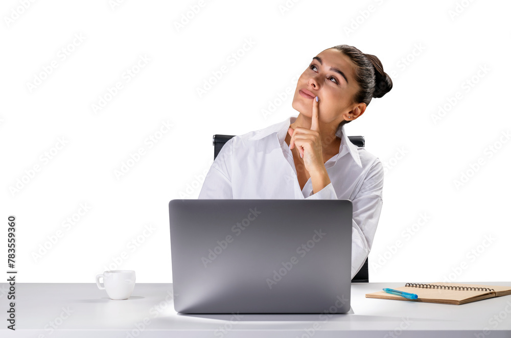 Wall mural A thoughtful woman at a desk with a laptop, coffee cup, and notepad on a white background, representing online work or study