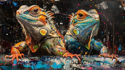A photo of two iguanas, painted with bright colors. - obrazy, fototapety, plakaty