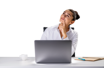 A thoughtful woman at a desk with a laptop, coffee cup, and notepad on a white background, representing online work or study