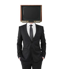 Person in a suit with a vintage television set as a head, on a white background, concept of media...
