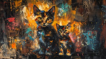 Two cats, one black and one brown, sitting side by side in front of an abstract background.