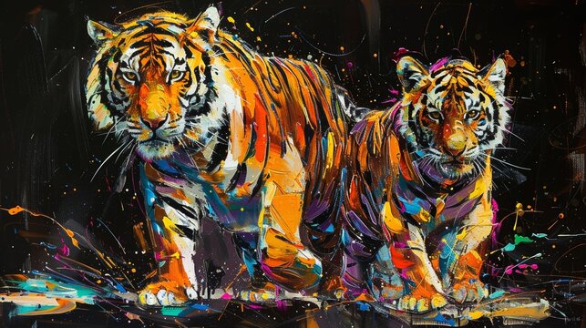 A colorful painting of two tigers walking in the jungle.