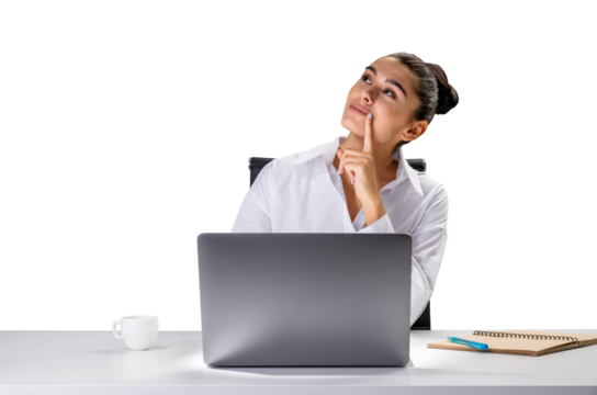 A thoughtful woman at a desk with a laptop, coffee cup, and notepad on a white background, representing online work or study