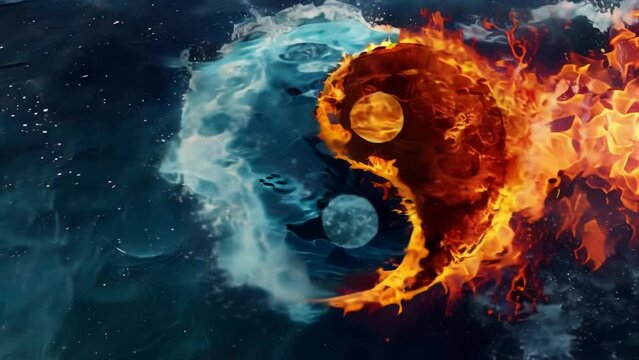 Dynamic abstract artwork where swirling water intertwines with rising flames. Vibrant reds and oranges of the fire clash against the cool blue hues of the water. 