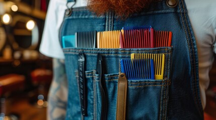 A closeup of colorful mismatched combs lined up in a barbers apron pocket emphasizing the personal touch and individuality that each barber brings to their craft through their unique .