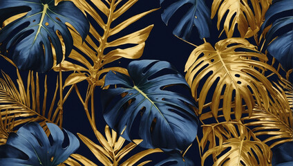 Monstera and palm graphic in gold and indigo, abstract jungle pattern.