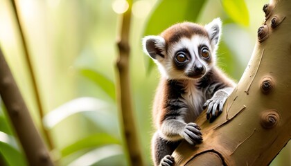 A wide-eyed ring-tailed lemur clings to a tree branch, with a soft focus on the lush green forest in the background. AI Generation - obrazy, fototapety, plakaty