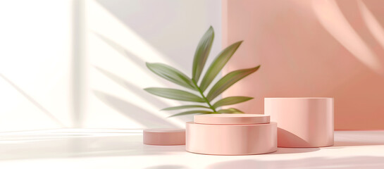 Creative minimal concept. Pink round Podium stand with natural green foliage plant leaf pastel background and shadow sunlight. Mock up template for product presentation. copy text space